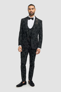 Traje de terciopelo negro de 3 piezas con estampado paisley para hombre