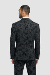 Traje de terciopelo negro de 3 piezas con estampado paisley para hombre