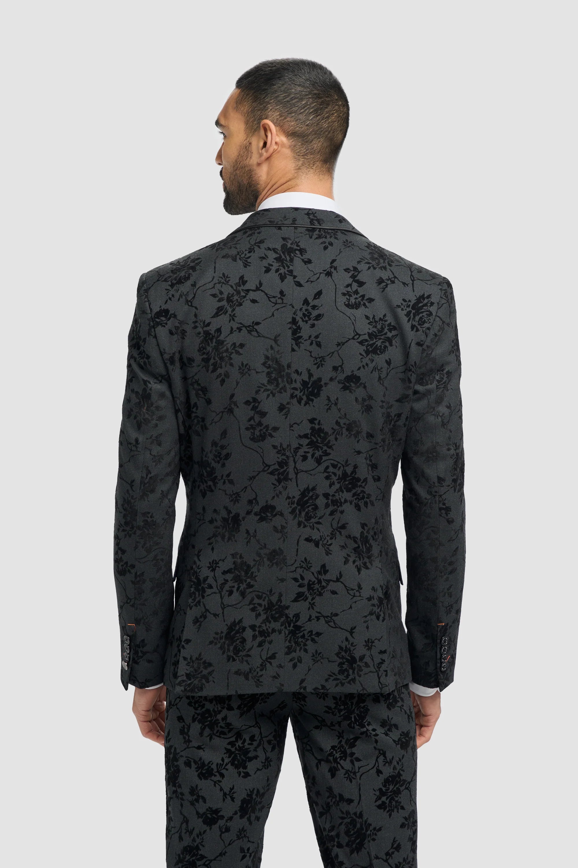 Traje de terciopelo negro de 3 piezas con estampado paisley para hombre