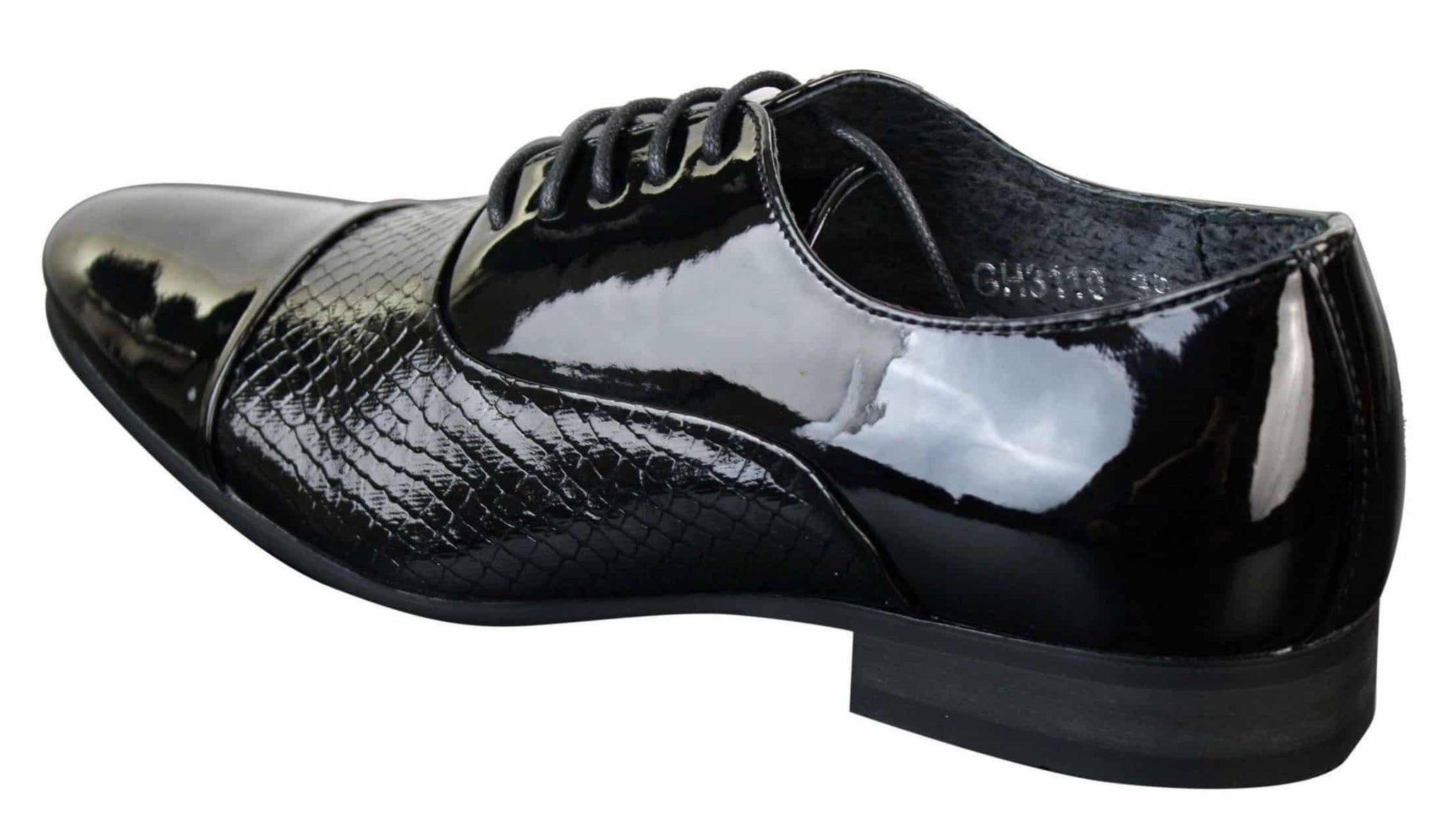 Zapatos de hombre elegantes con cordones, de charol brillante con diseño de piel de serpiente, de estilo italiano, en blanco y negro.