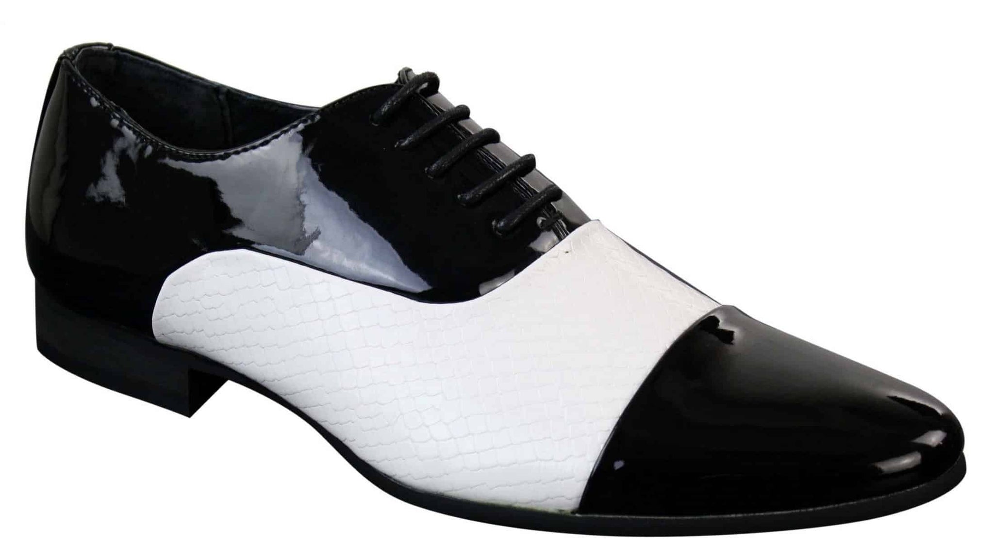 Zapatos de hombre elegantes con cordones, de charol brillante con diseño de piel de serpiente, de estilo italiano, en blanco y negro.