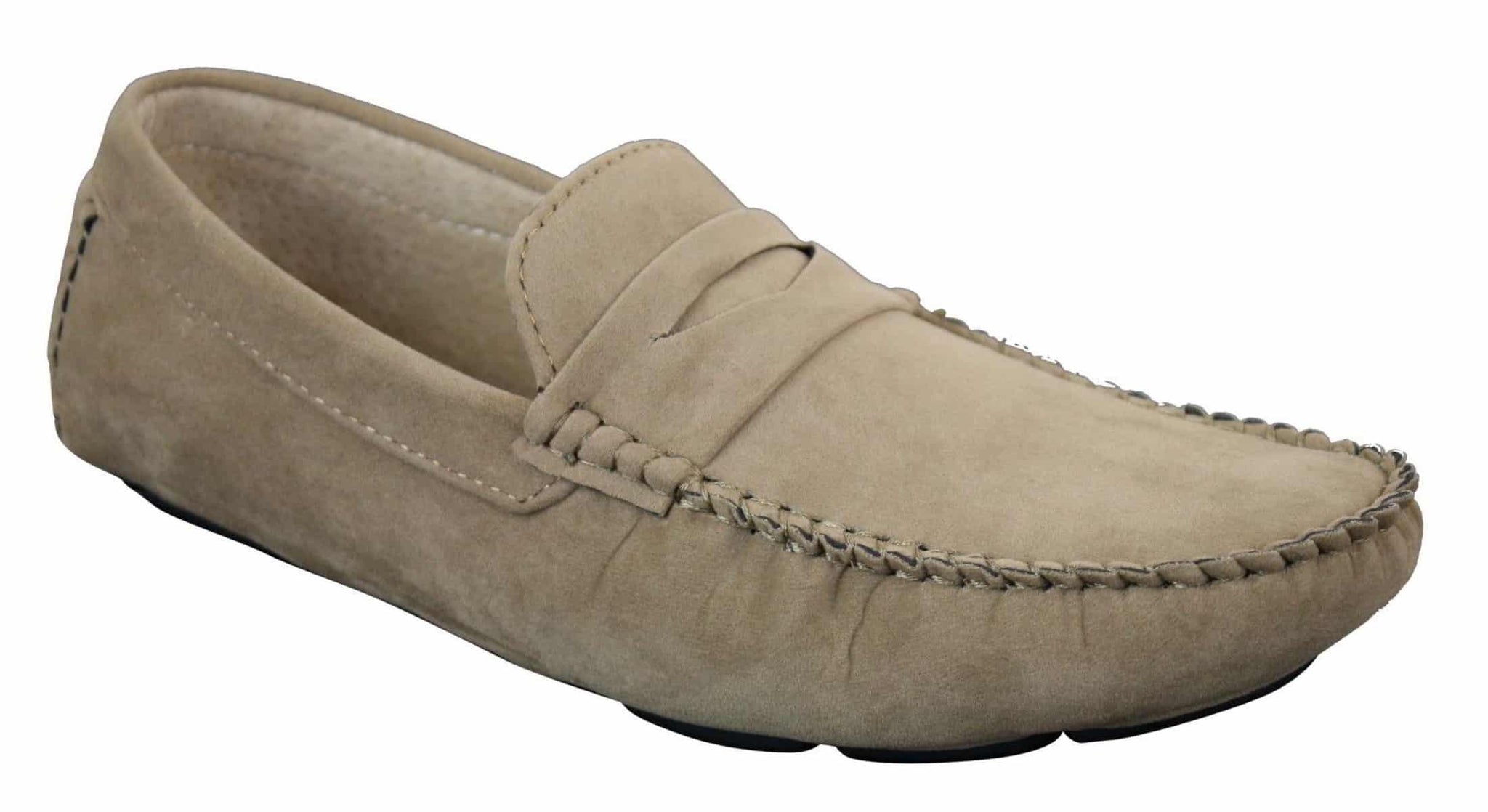 Zapatos mocasines de ante para hombre, estilo casual elegante, color marrón y beige.