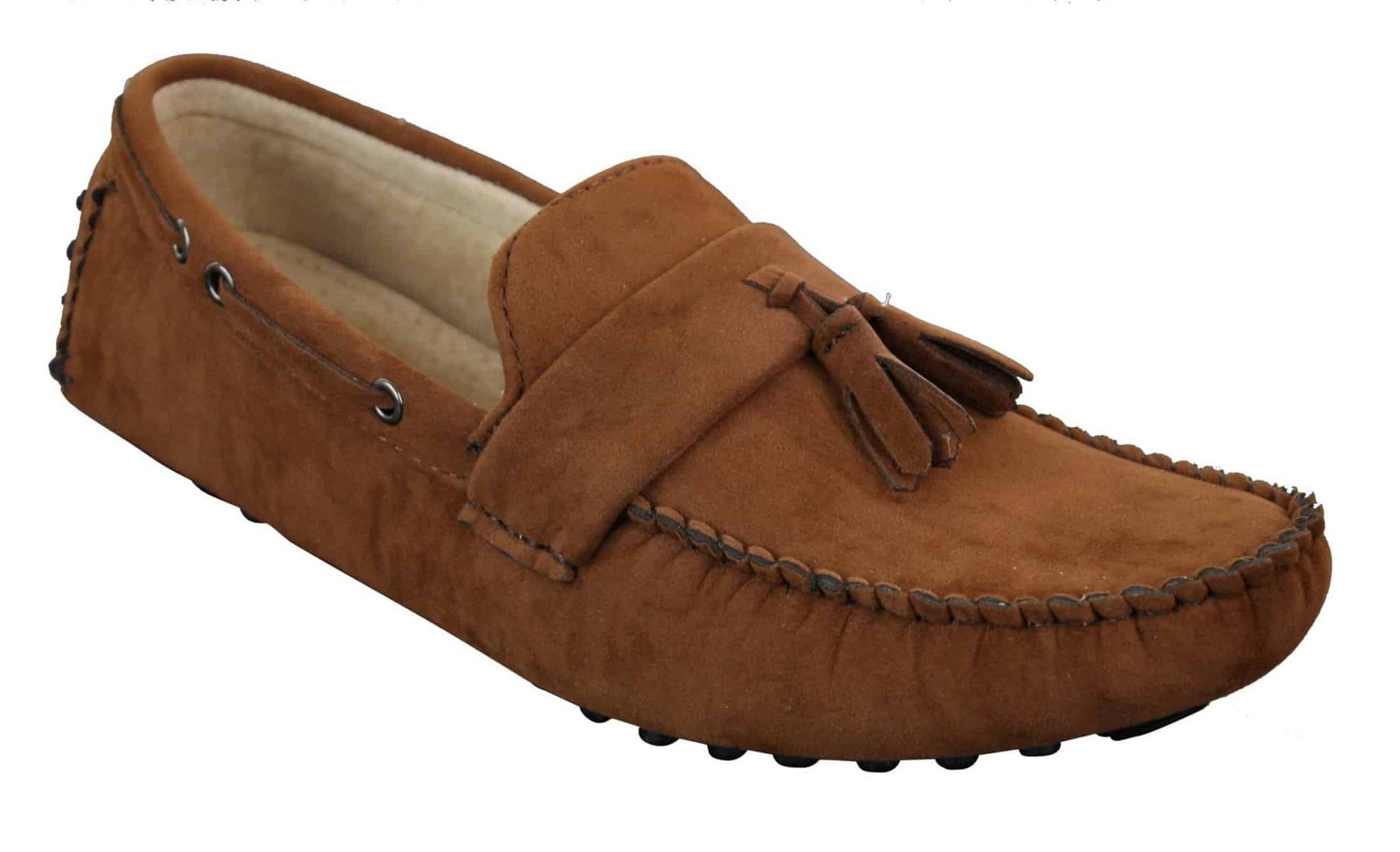 Mocasines de cuero para hombre, color marrón con borlas, estilo mocasín de conducir.