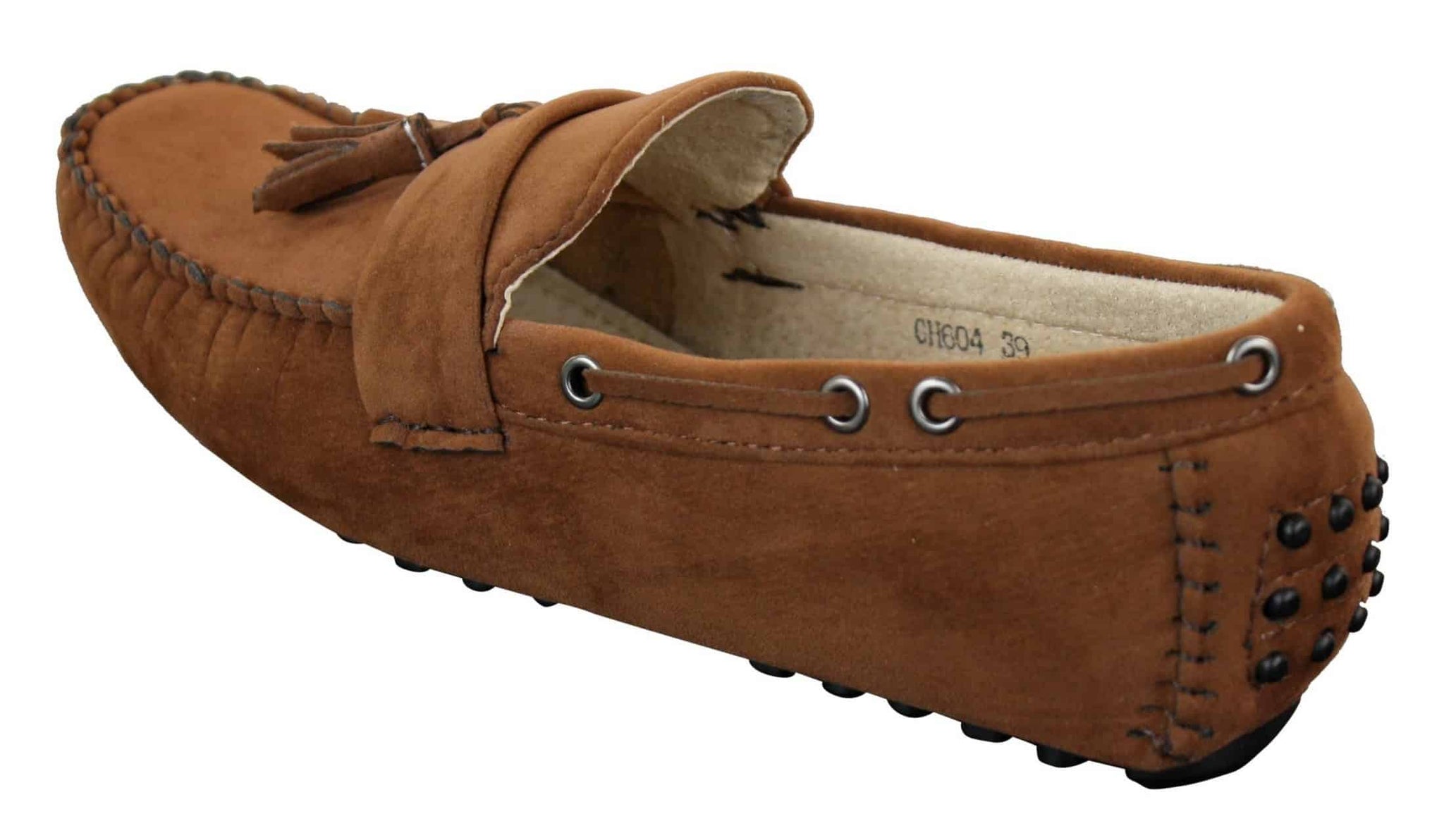 Mocasines de cuero para hombre, color marrón con borlas, estilo mocasín de conducir.