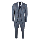 Traje de tres piezas para hombre de Gisborne, azul marino a cuadros con detalles en mostaza.