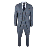 Traje de tres piezas para hombre de Gisborne, azul marino a cuadros con detalles en mostaza.