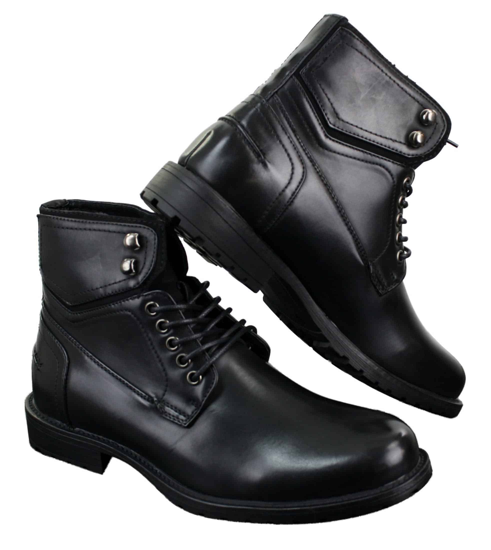 Botas militares casuales de tobillo para hombre con cordones, color negro y marrón.