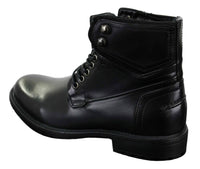 Botas militares casuales de tobillo para hombre con cordones, color negro y marrón.
