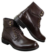 Botas militares casuales de tobillo para hombre con cordones, color negro y marrón.