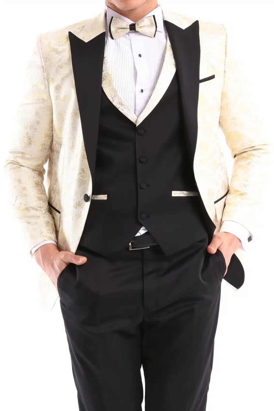 Traje de hombre de 3 piezas color crema, negro y marfil con pajarita. Esmoquin para ceremonia, boda, novio o graduación.