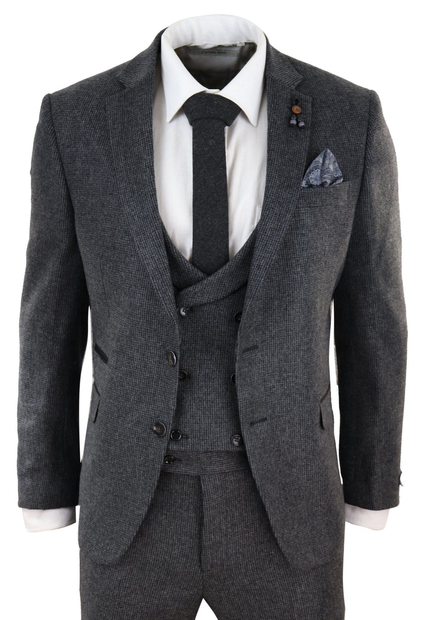 Traje de tres piezas de tweed gris