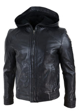 Chaqueta bomber de cuero negro para hombre con capucha.
