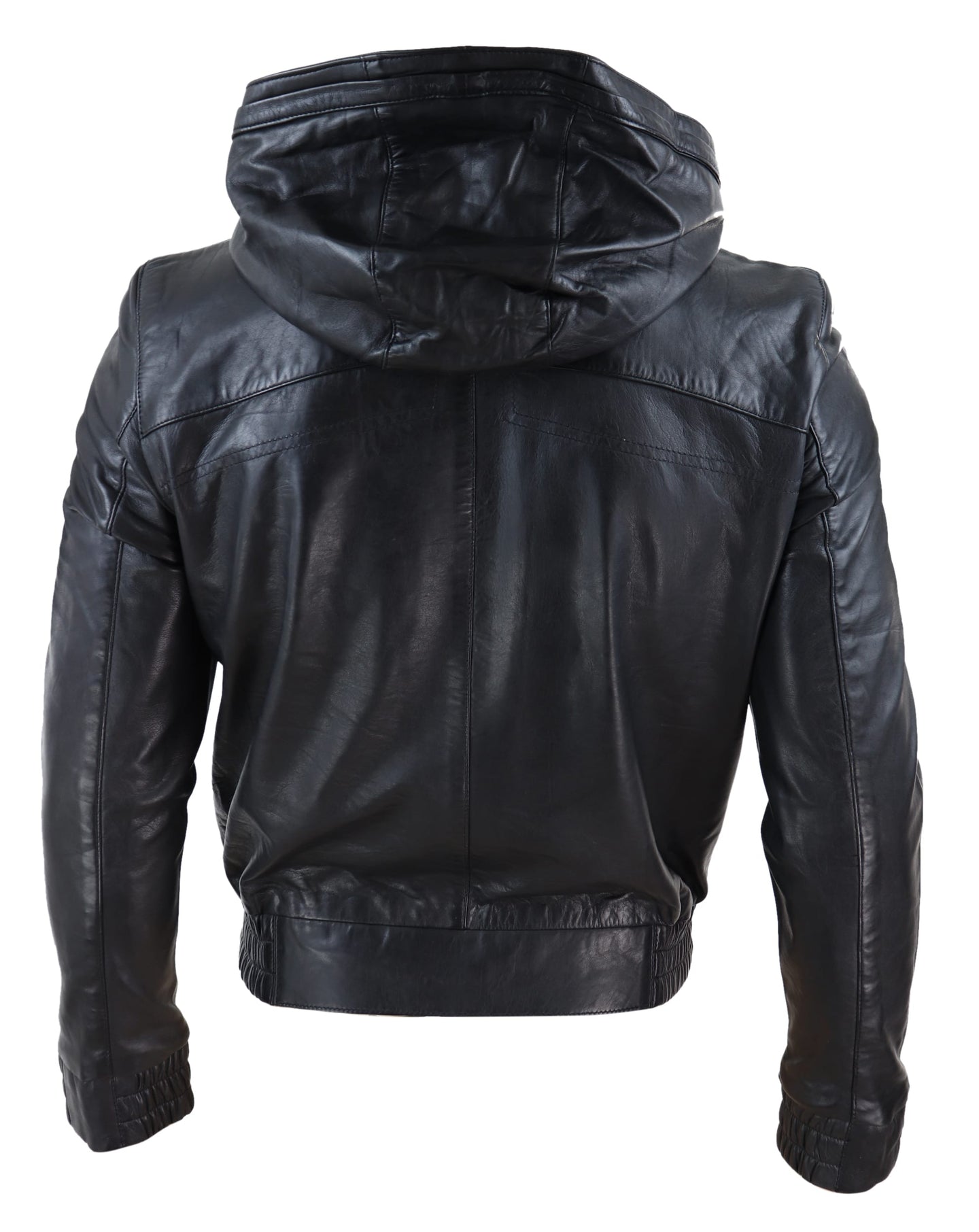 Chaqueta bomber de cuero negro para hombre con capucha.