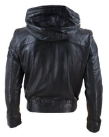 Chaqueta bomber de cuero negro para hombre con capucha.