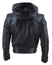 Chaqueta bomber de cuero negro para hombre con capucha.