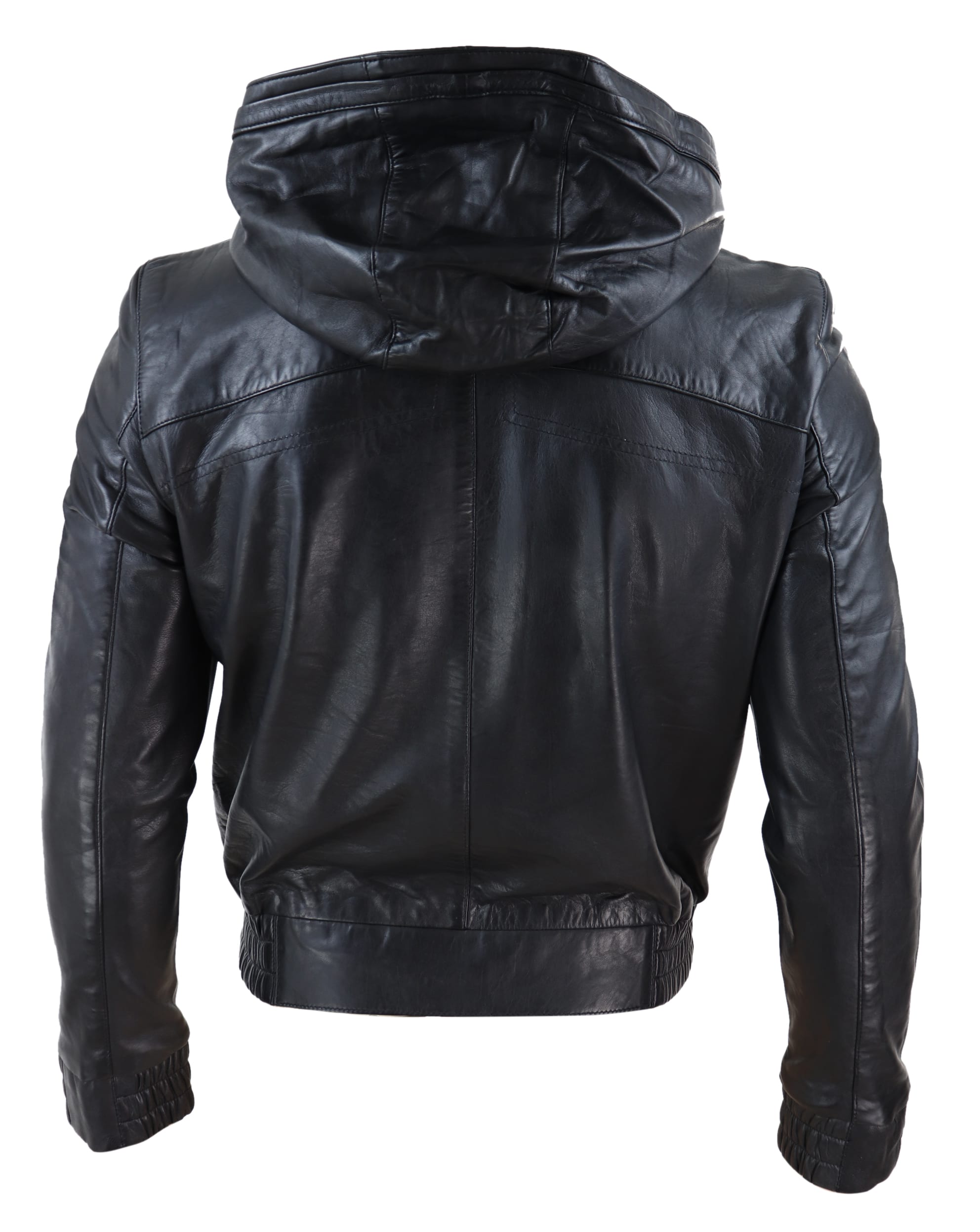 Chaqueta bomber de cuero negro para hombre con capucha.