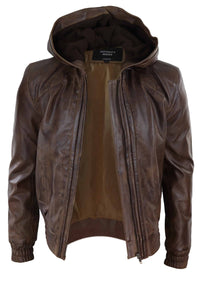 Chaqueta bomber de cuero marrón para hombre con capucha.