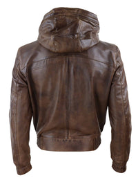 Chaqueta bomber de cuero marrón para hombre con capucha.
