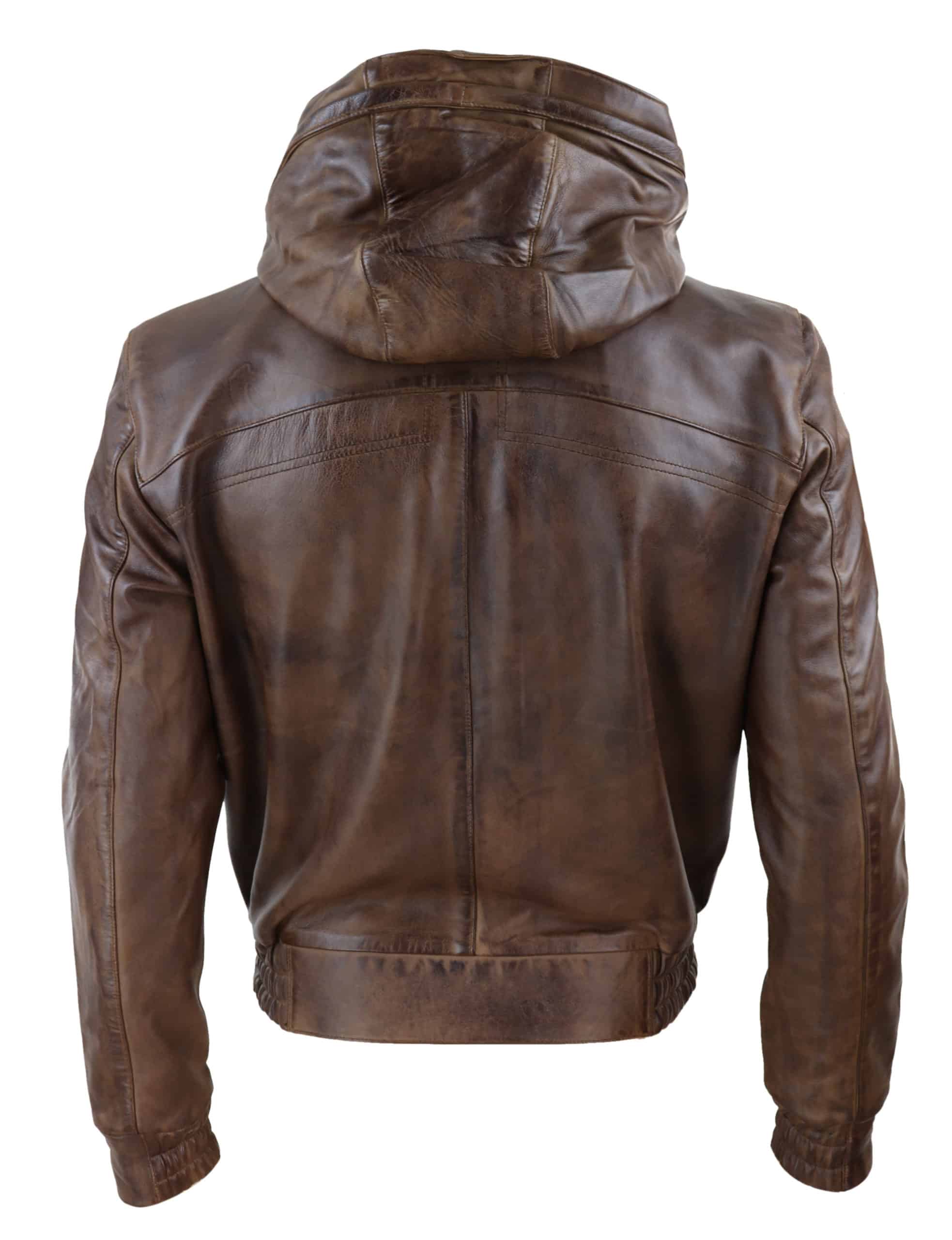 Chaqueta bomber de cuero marrón para hombre con capucha.