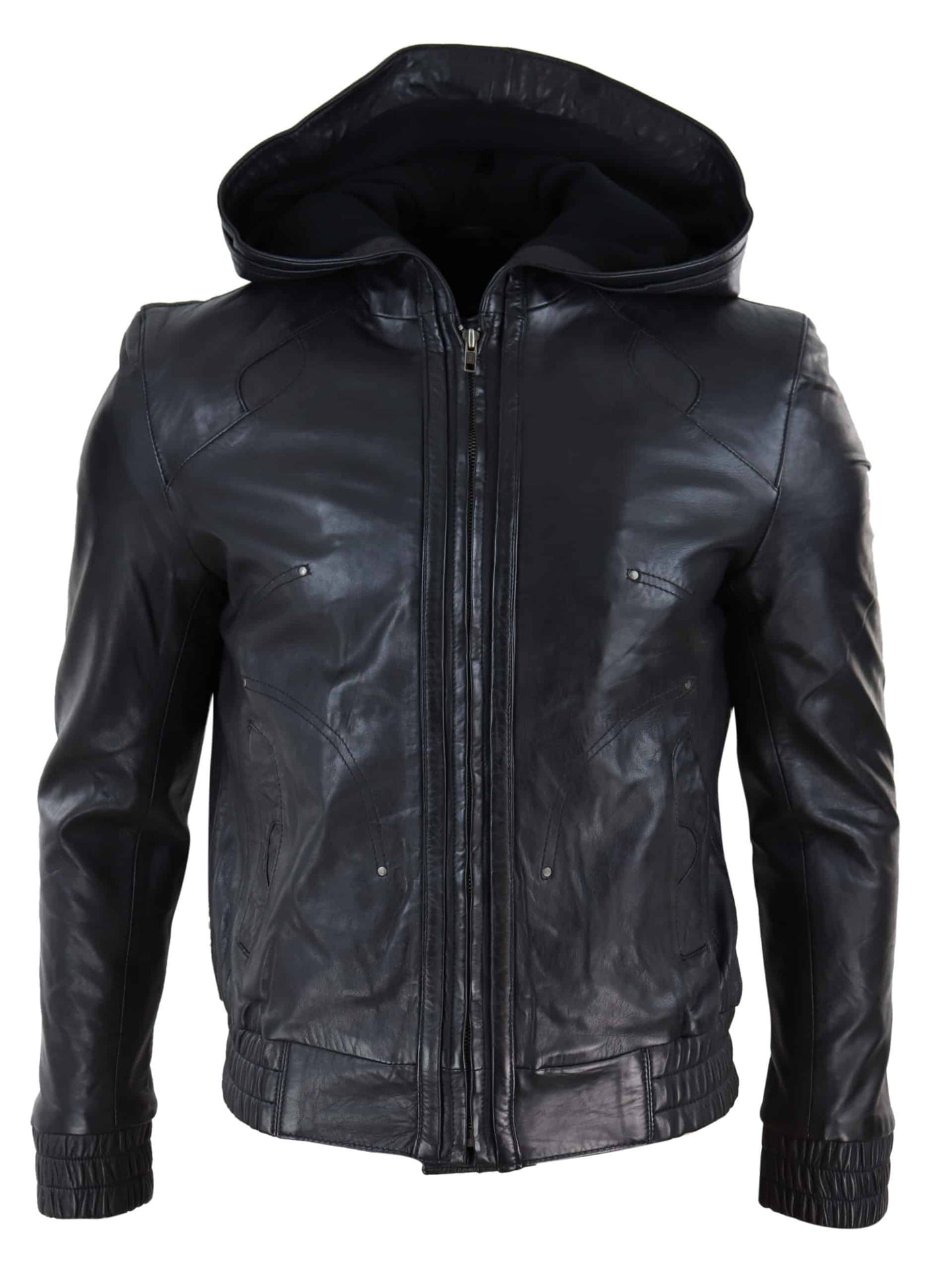 Chaqueta bomber de cuero negro para hombre con capucha.