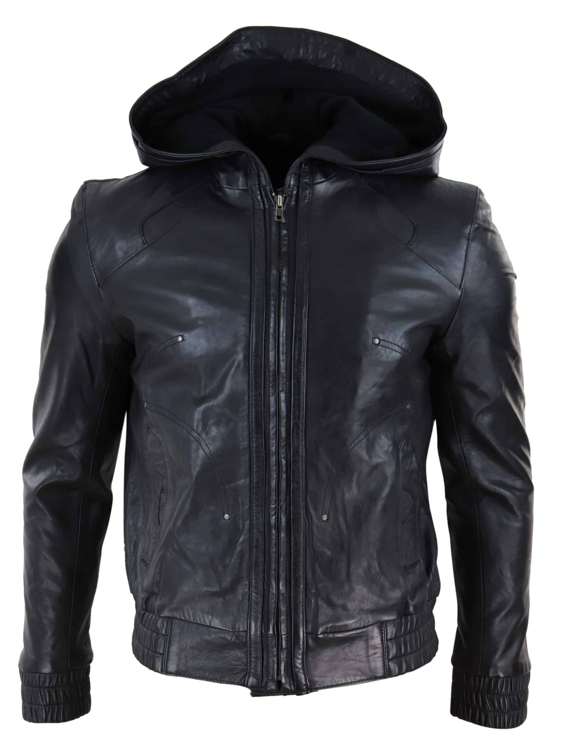 Chaqueta bomber de cuero negro para hombre con capucha.
