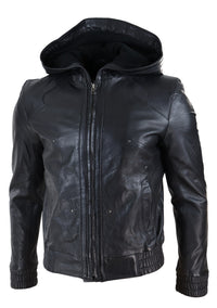 Chaqueta bomber de cuero negro para hombre con capucha.