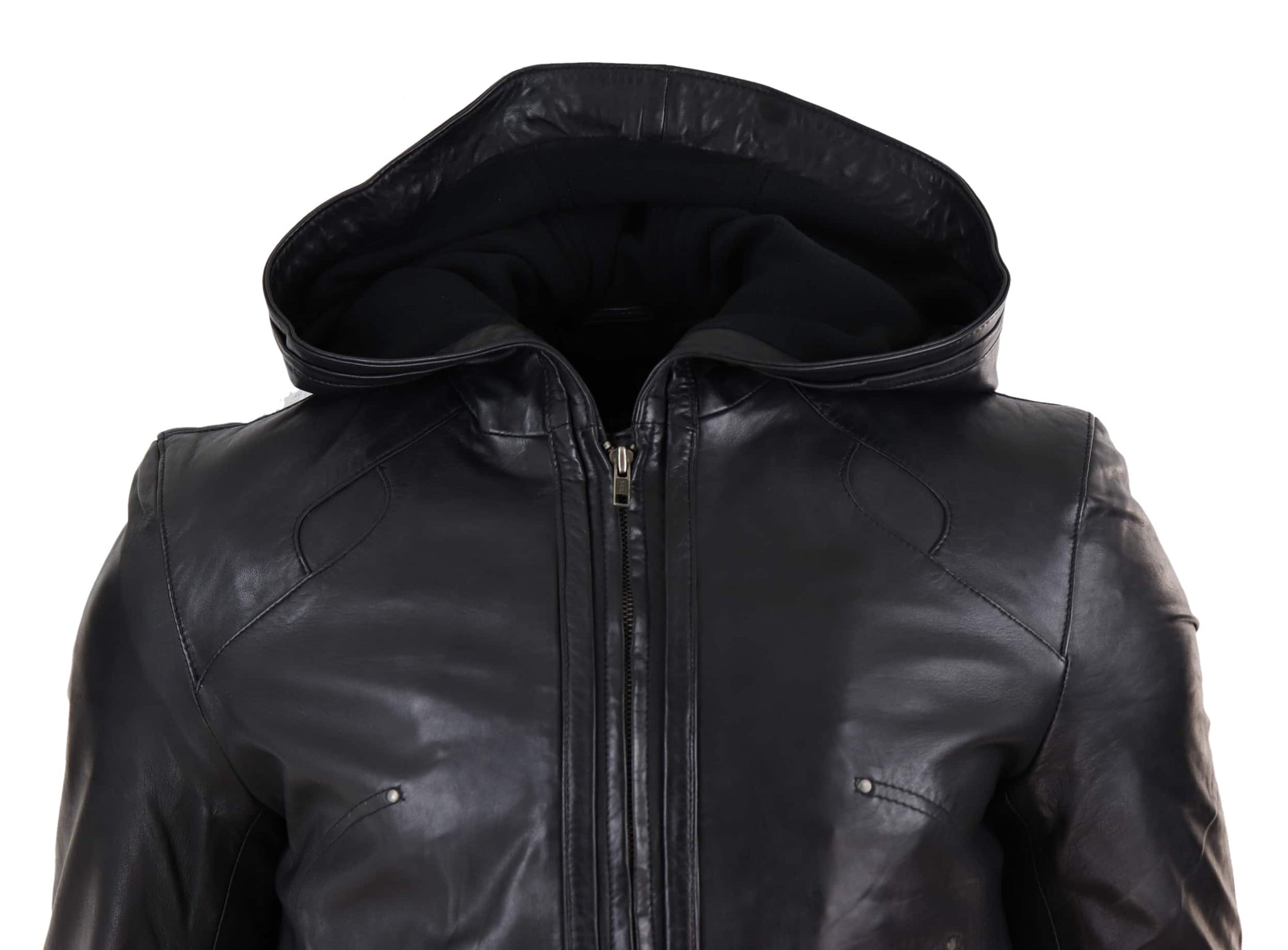 Chaqueta bomber de cuero negro para hombre con capucha.