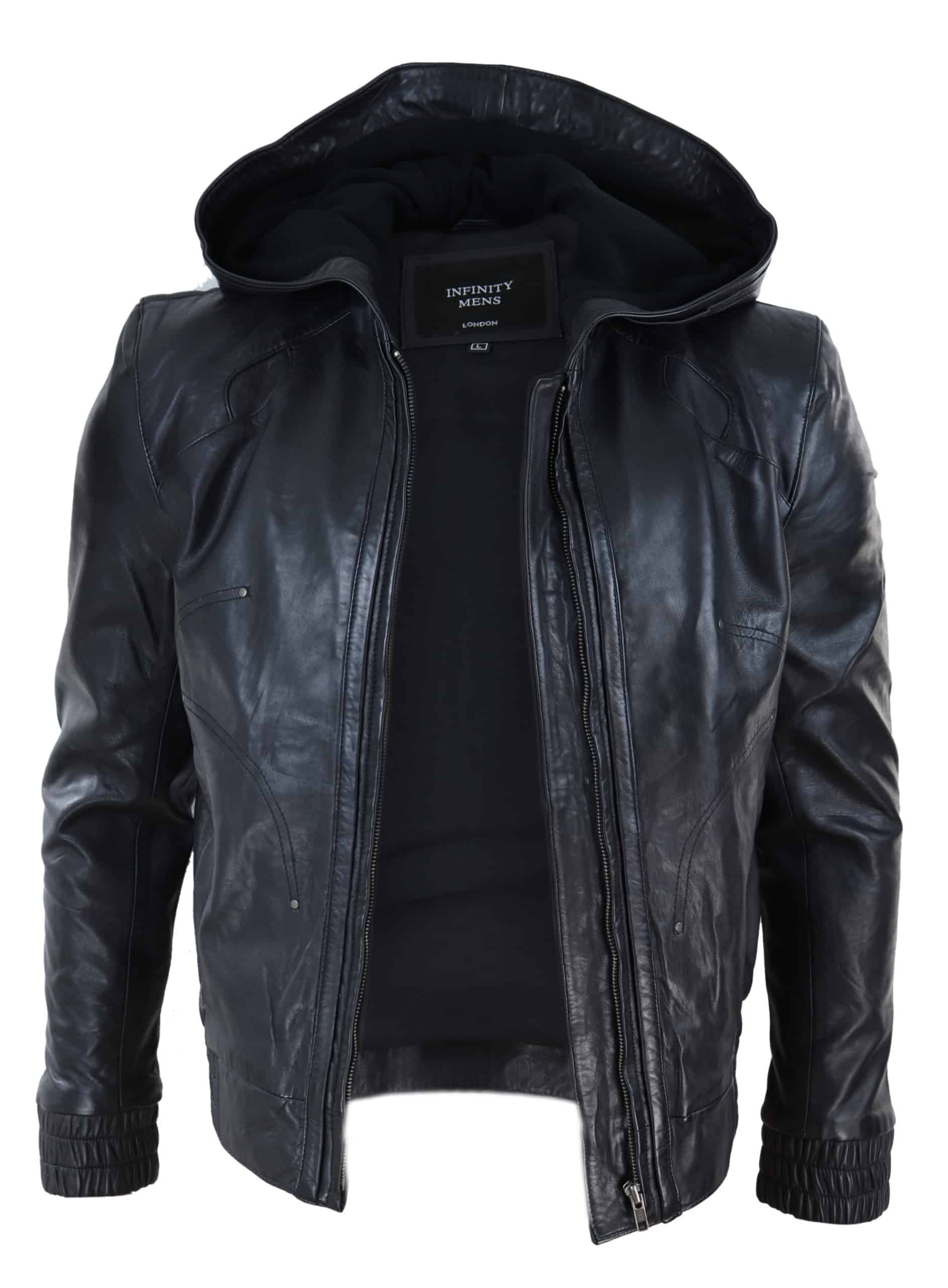 Chaqueta bomber de cuero negro para hombre con capucha.