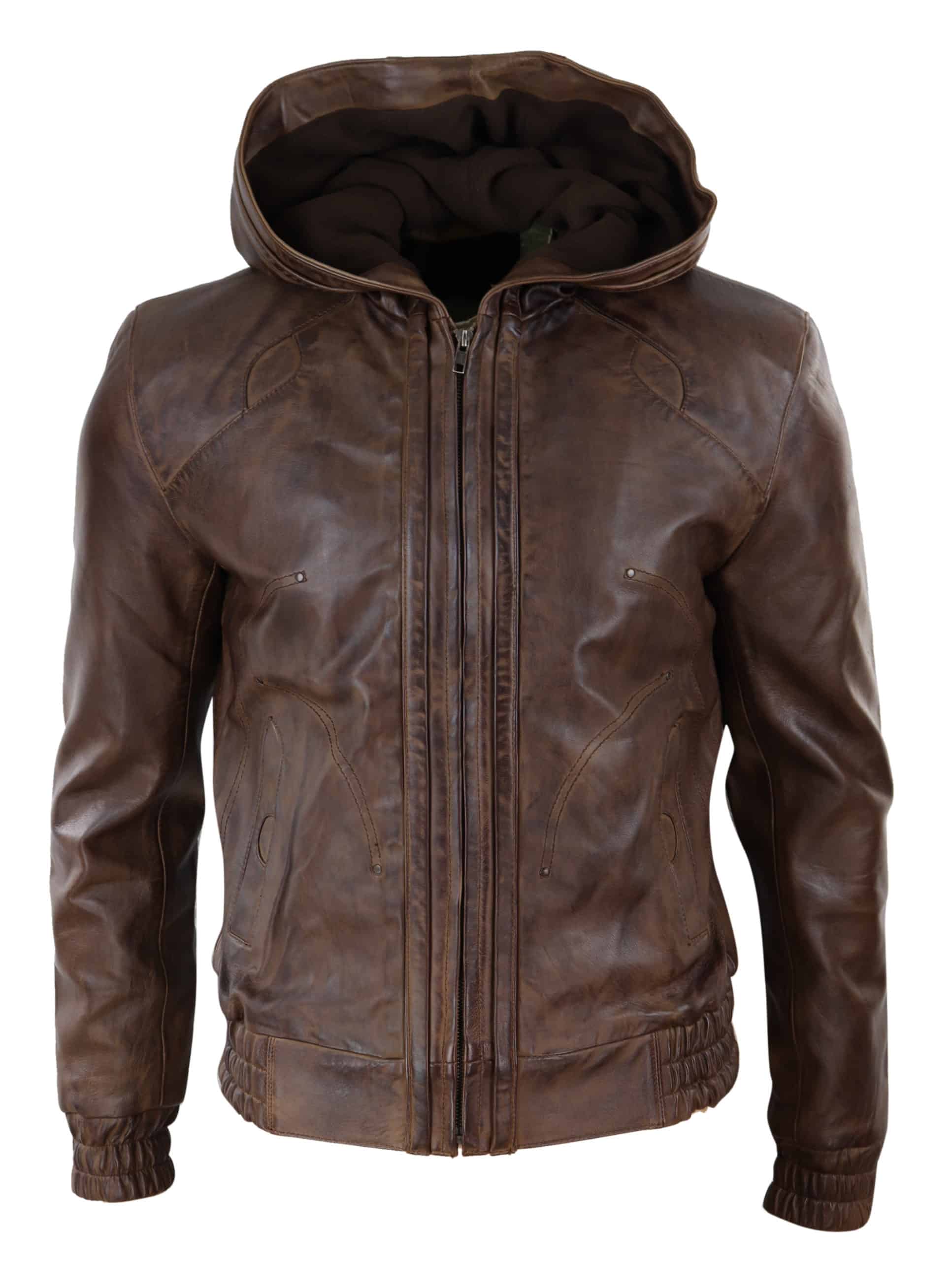 Chaqueta bomber de cuero marrón para hombre con capucha.