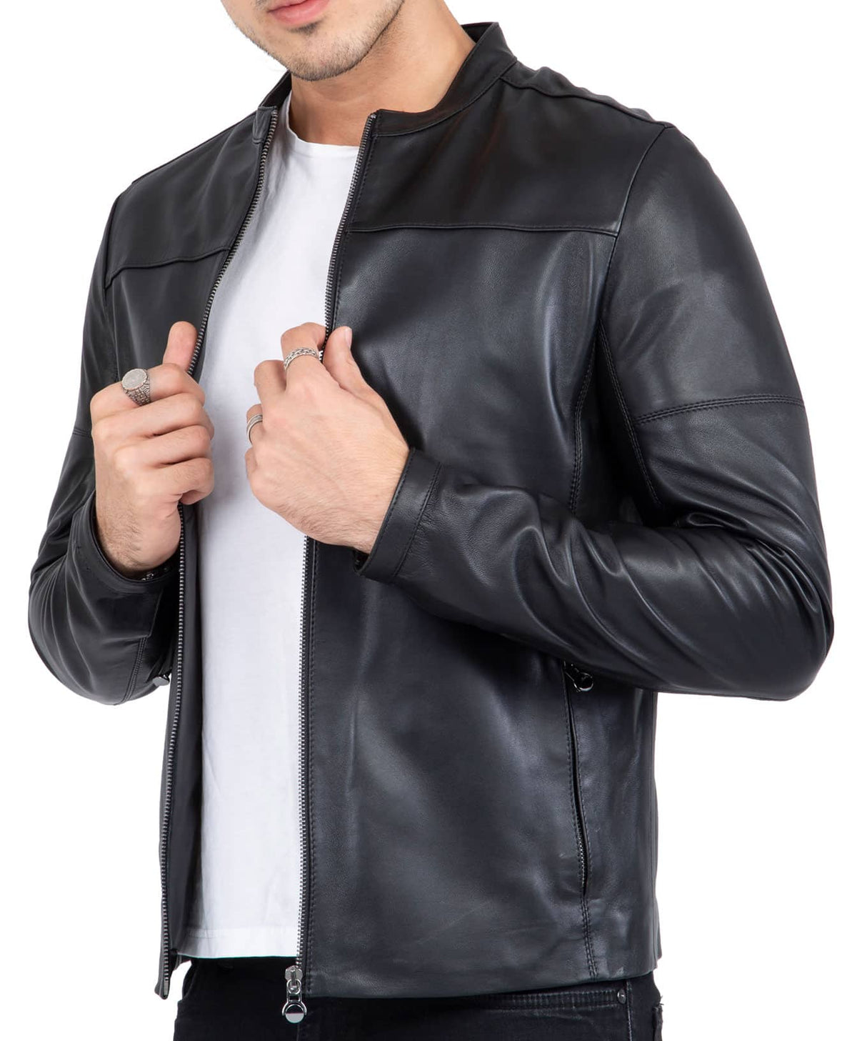 Happy Gentleman B101 - Chaqueta de motociclista de cuero genuino negro para hombre - Corte ajustado