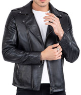 Happy Gentleman B104 - Chaqueta negra ajustada de piel auténtica con cremallera cruzada, estilo Brando, para hombre.