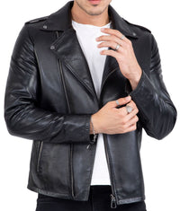 Happy Gentleman B104 - Chaqueta negra ajustada de piel auténtica con cremallera cruzada, estilo Brando, para hombre.