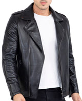 Happy Gentleman B104 - Chaqueta negra ajustada de piel auténtica con cremallera cruzada, estilo Brando, para hombre.