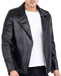 Happy Gentleman B104 - Chaqueta negra ajustada de piel auténtica con cremallera cruzada, estilo Brando, para hombre.