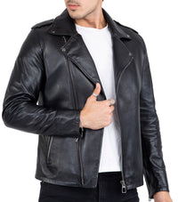 Happy Gentleman B104 - Chaqueta negra ajustada de piel auténtica con cremallera cruzada, estilo Brando, para hombre.