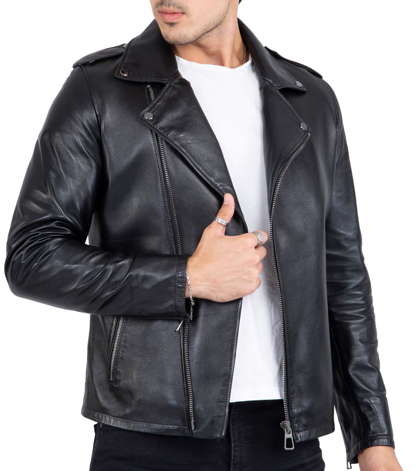 Happy Gentleman B104 - Chaqueta negra ajustada de piel auténtica con cremallera cruzada, estilo Brando, para hombre.