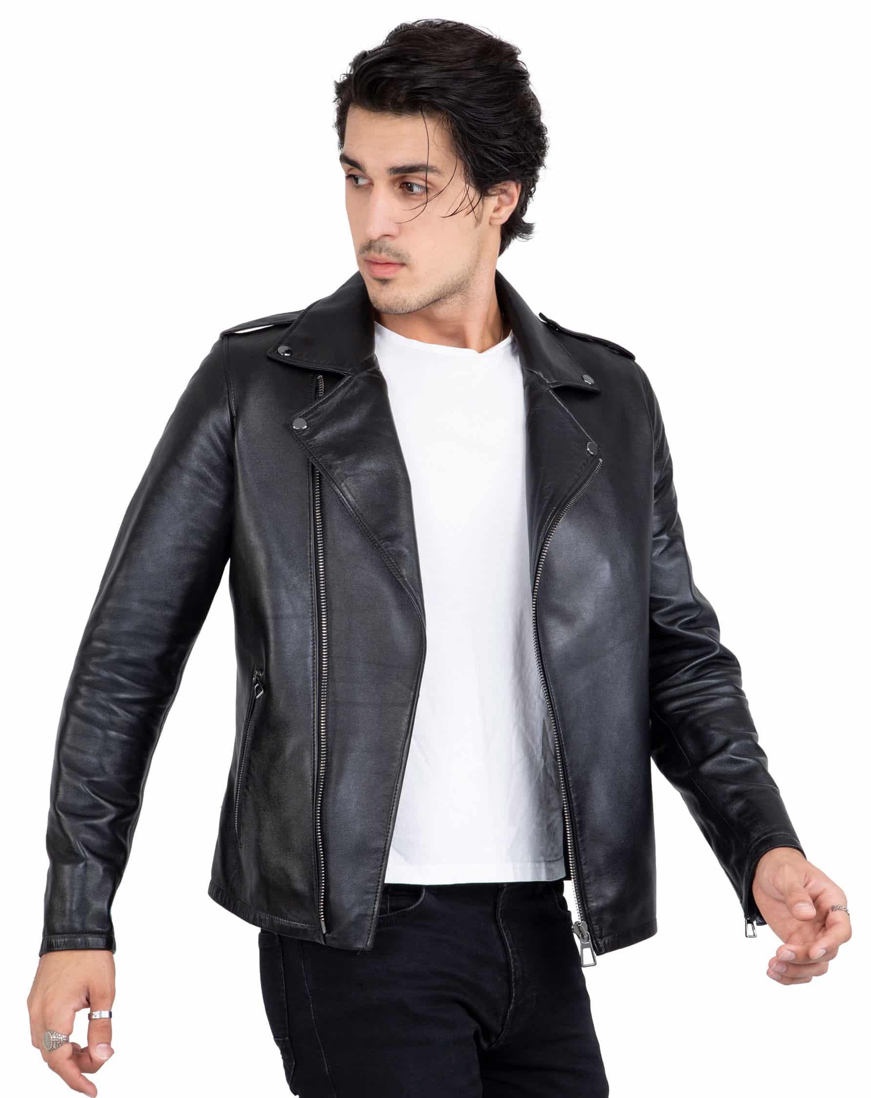 Happy Gentleman B104 - Chaqueta negra ajustada de piel auténtica con cremallera cruzada, estilo Brando, para hombre.
