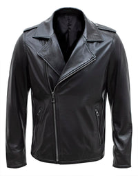 Happy Gentleman B104 - Chaqueta negra ajustada de piel auténtica con cremallera cruzada, estilo Brando, para hombre.