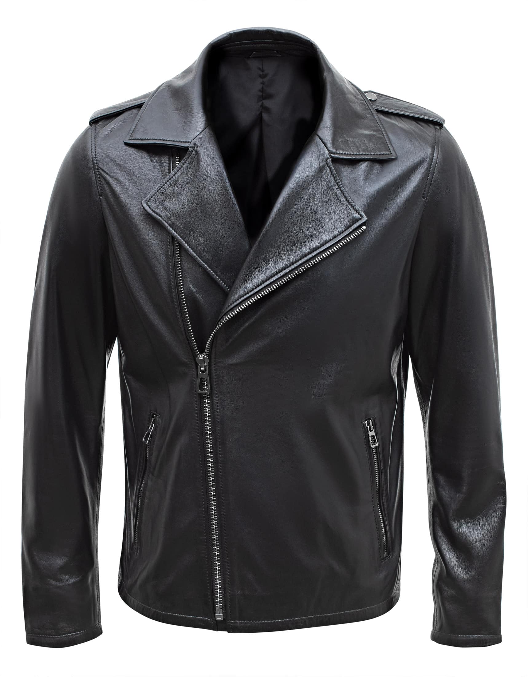 Happy Gentleman B104 - Chaqueta negra ajustada de piel auténtica con cremallera cruzada, estilo Brando, para hombre.