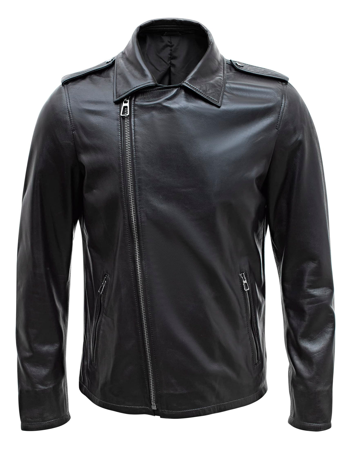 Happy Gentleman B104 - Chaqueta negra ajustada de piel auténtica con cremallera cruzada, estilo Brando, para hombre.