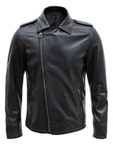 Happy Gentleman B104 - Chaqueta negra ajustada de piel auténtica con cremallera cruzada, estilo Brando, para hombre.