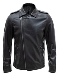 Happy Gentleman B104 - Chaqueta negra ajustada de piel auténtica con cremallera cruzada, estilo Brando, para hombre.