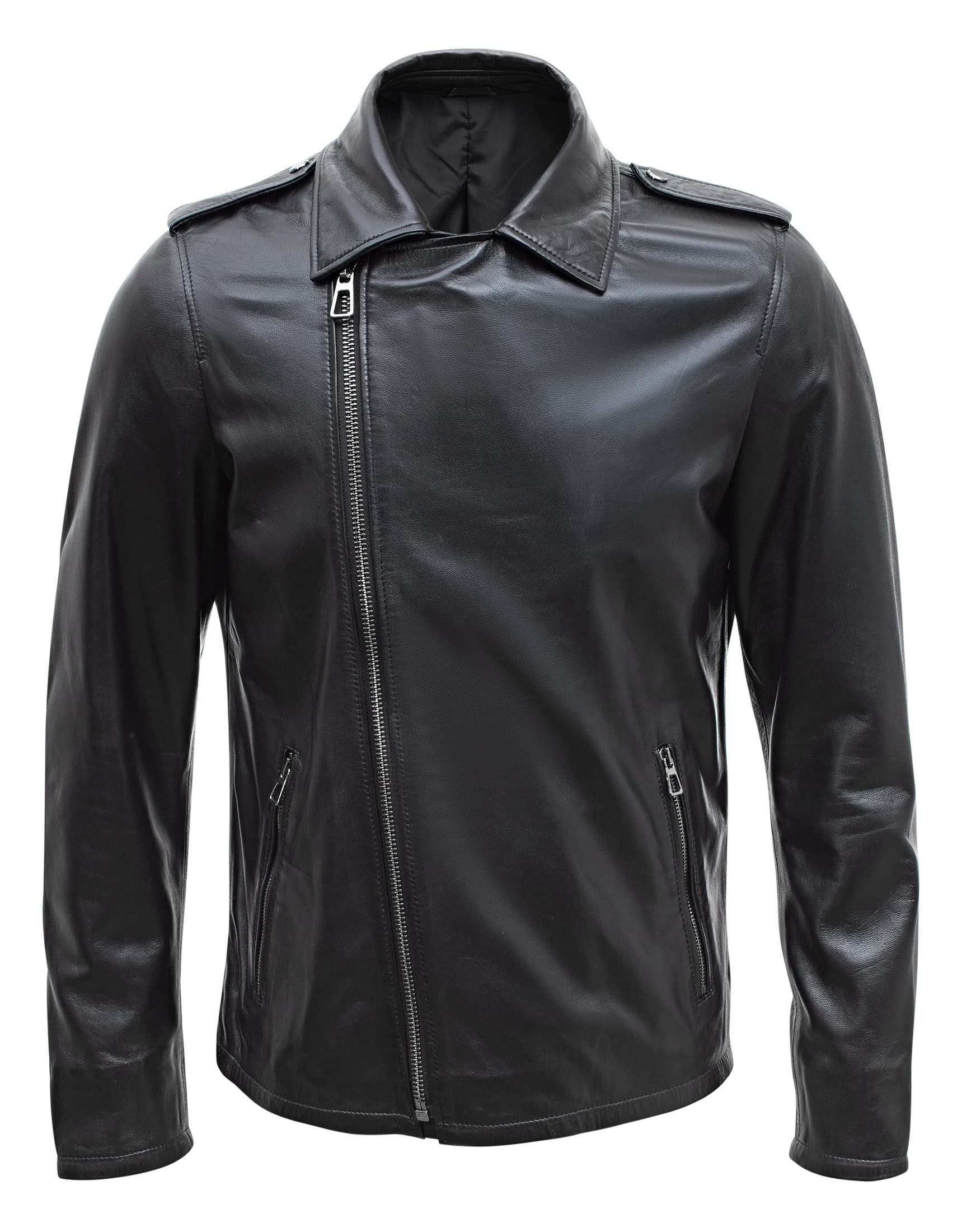 Happy Gentleman B104 - Chaqueta negra ajustada de piel auténtica con cremallera cruzada, estilo Brando, para hombre.