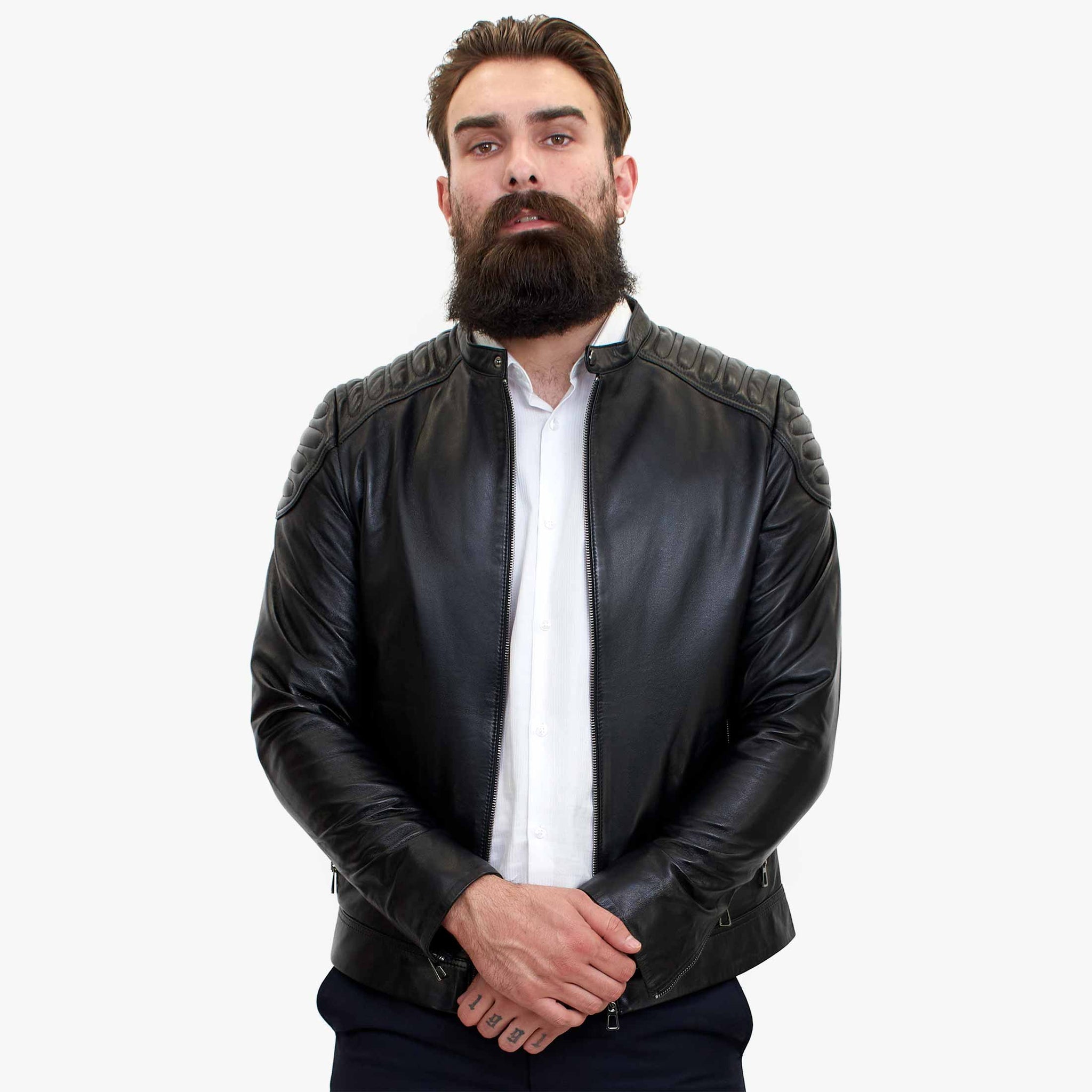 Happy Gentleman B110 - Chaqueta de cuero negro auténtico para hombre - Corte ajustado