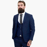 Traje de tres piezas azul marino Happy Gentleman BELLO de lana con corte entallado.