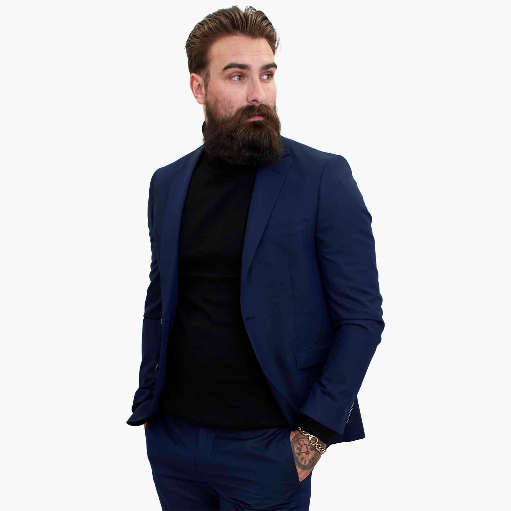 Traje de tres piezas azul marino Happy Gentleman BELLO de lana con corte entallado.