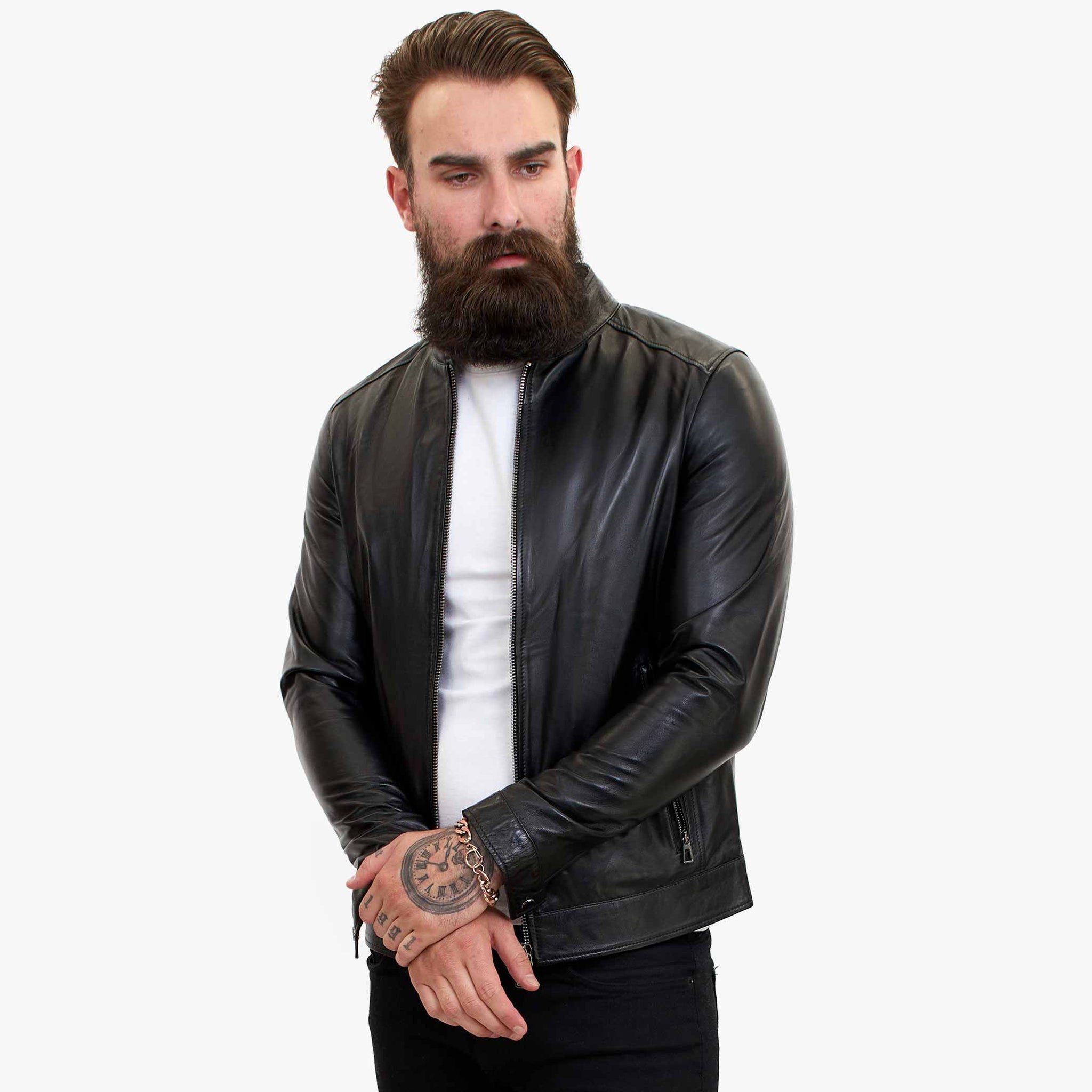 Happy Gentleman B107 - Chaqueta negra de piel de cordero de estilo clásico para hombre - Corte ajustado