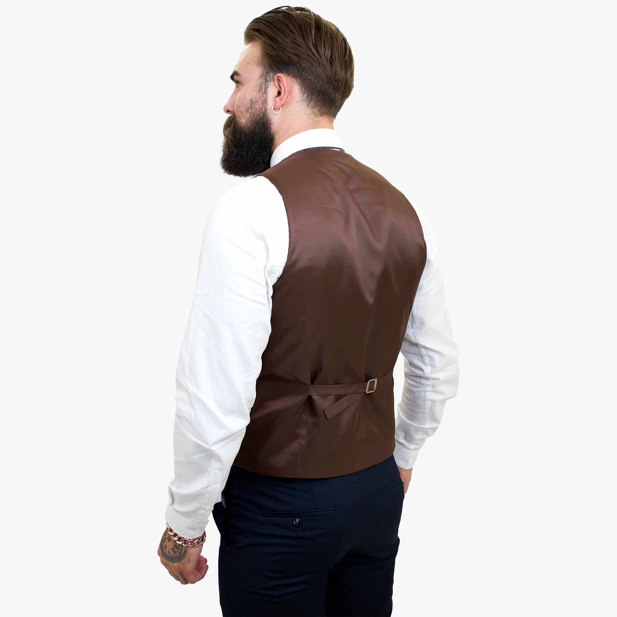 Traje de tres piezas Happy Gentleman ELEGANTE de lana con chaleco marrón en contraste.