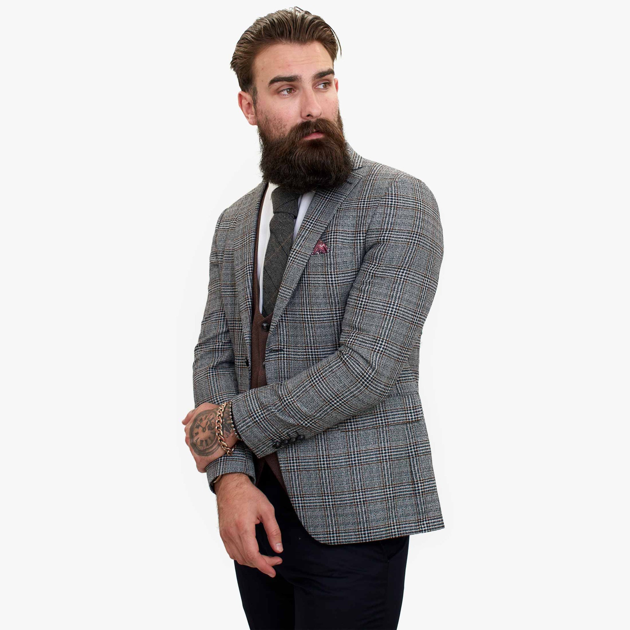 Traje de tres piezas Happy Gentleman ELEGANTE de lana con chaleco marrón en contraste.