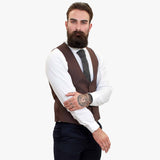 Traje de tres piezas Happy Gentleman ELEGANTE de lana con chaleco marrón en contraste.